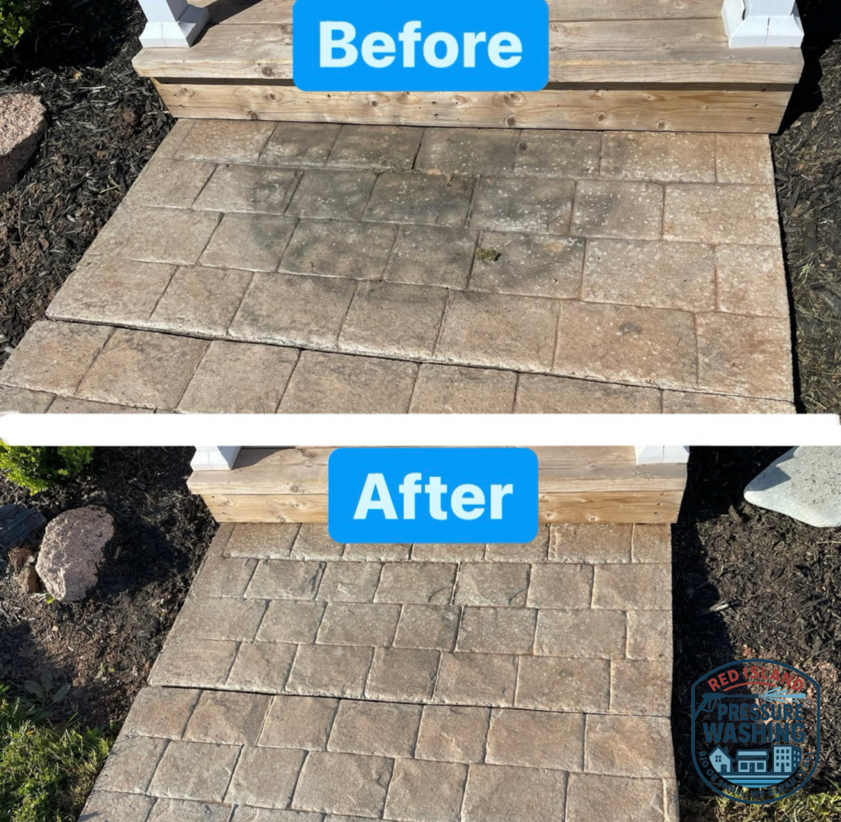 Before and after pressure washing a walkway