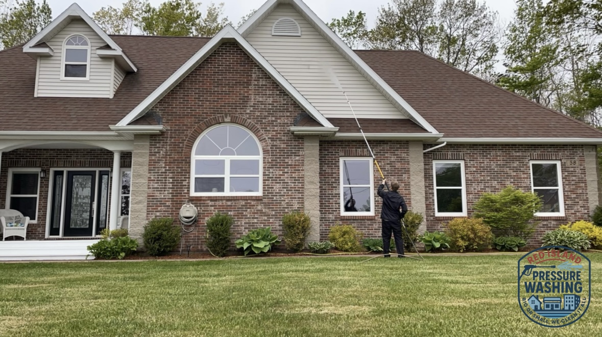 Pressure washing a house in PEI