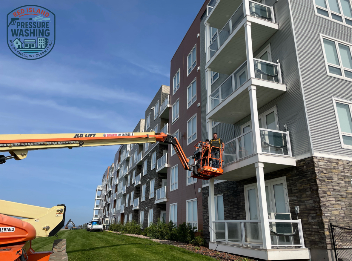 Cleaning windows of an apartment building