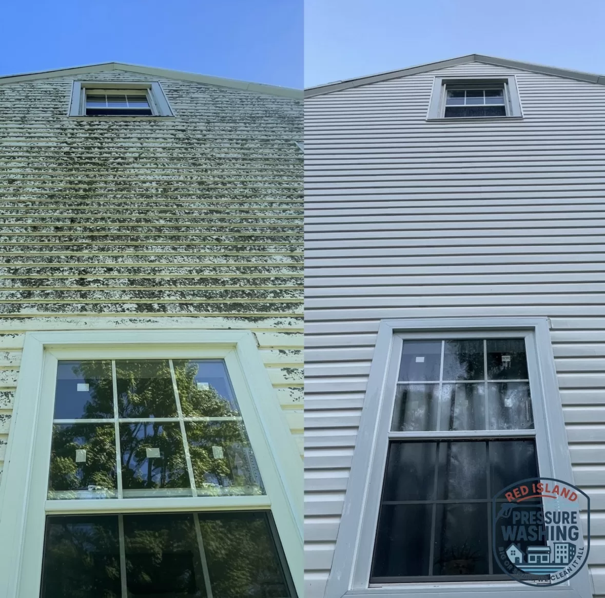 Before and after soft washing a house in PEI